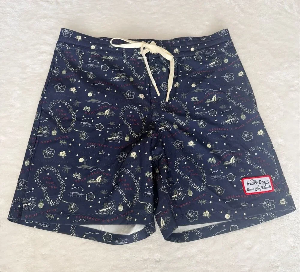 JACK’S SURFBOARDS x The Beach Boys Men’s Board Shorts 31 Navy Hawaiian Surf Prin